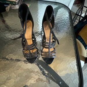 Black open toe strap 4 inch heels